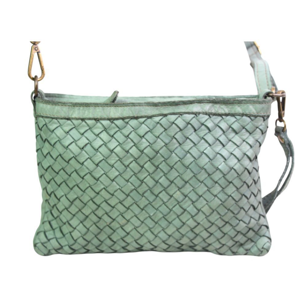 Italian leather woven green Crossbody medium size with wristlet